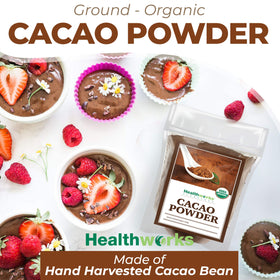 Healthworks cacao powder smoothie tall glass shows velvety chocolate boost.