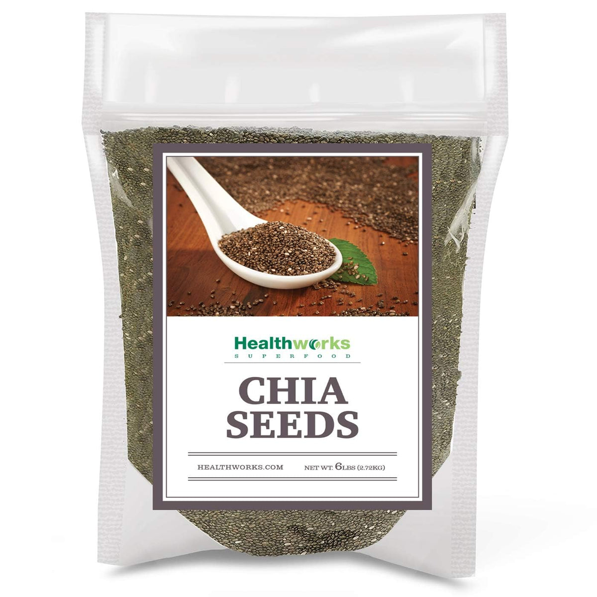 Healthworks chia seeds in a standup bag for pantry staples and easy scoop.