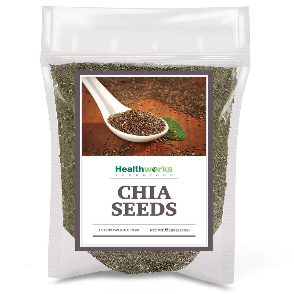 Healthworks chia seeds in a standup bag for pantry staples and easy scoop.
