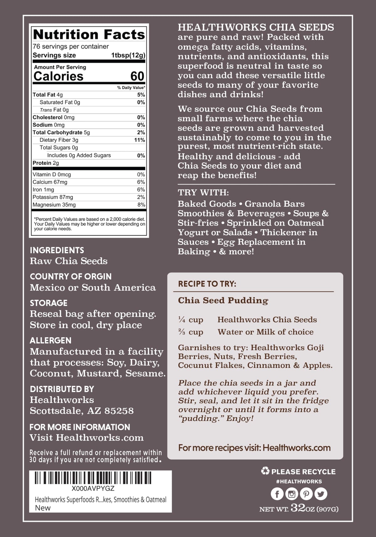 Healthworks chia seeds closeup texture – neutral flavor for smoothies.