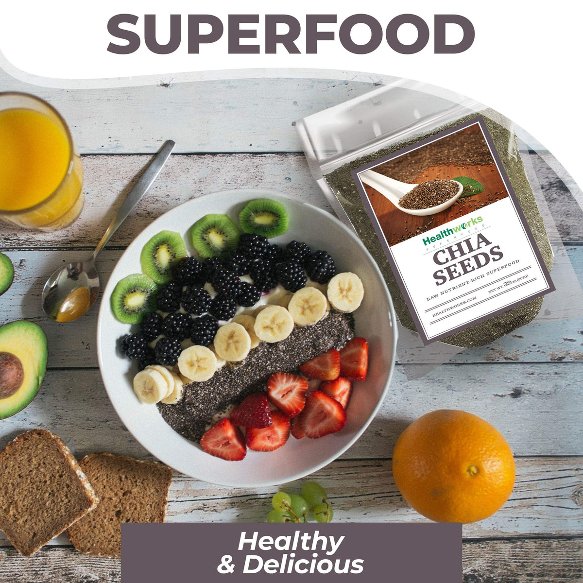 Healthworks chia seeds on jar pouring – convenient pantry staple.