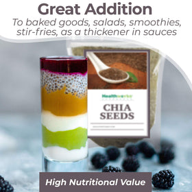 Healthworks chia seeds sprinkled in oatmeal bowl for texture and nutrition.