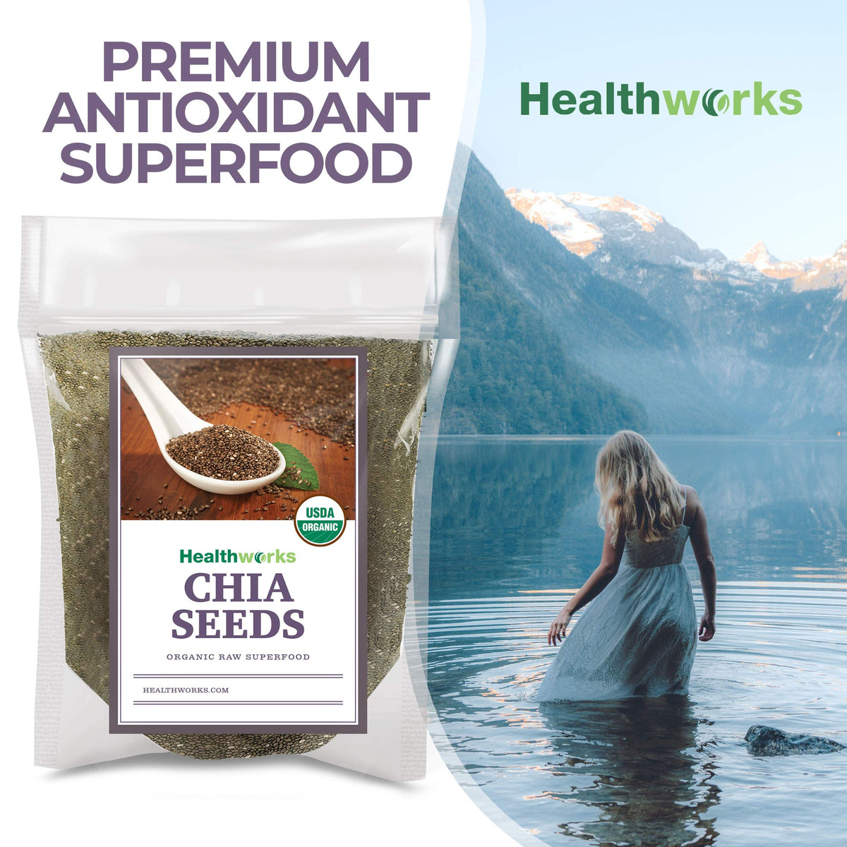 Healthworks chia seeds in oatmeal bowl – adds fiber and protein.