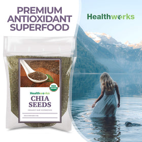 Healthworks chia seeds in oatmeal bowl – adds fiber and protein.