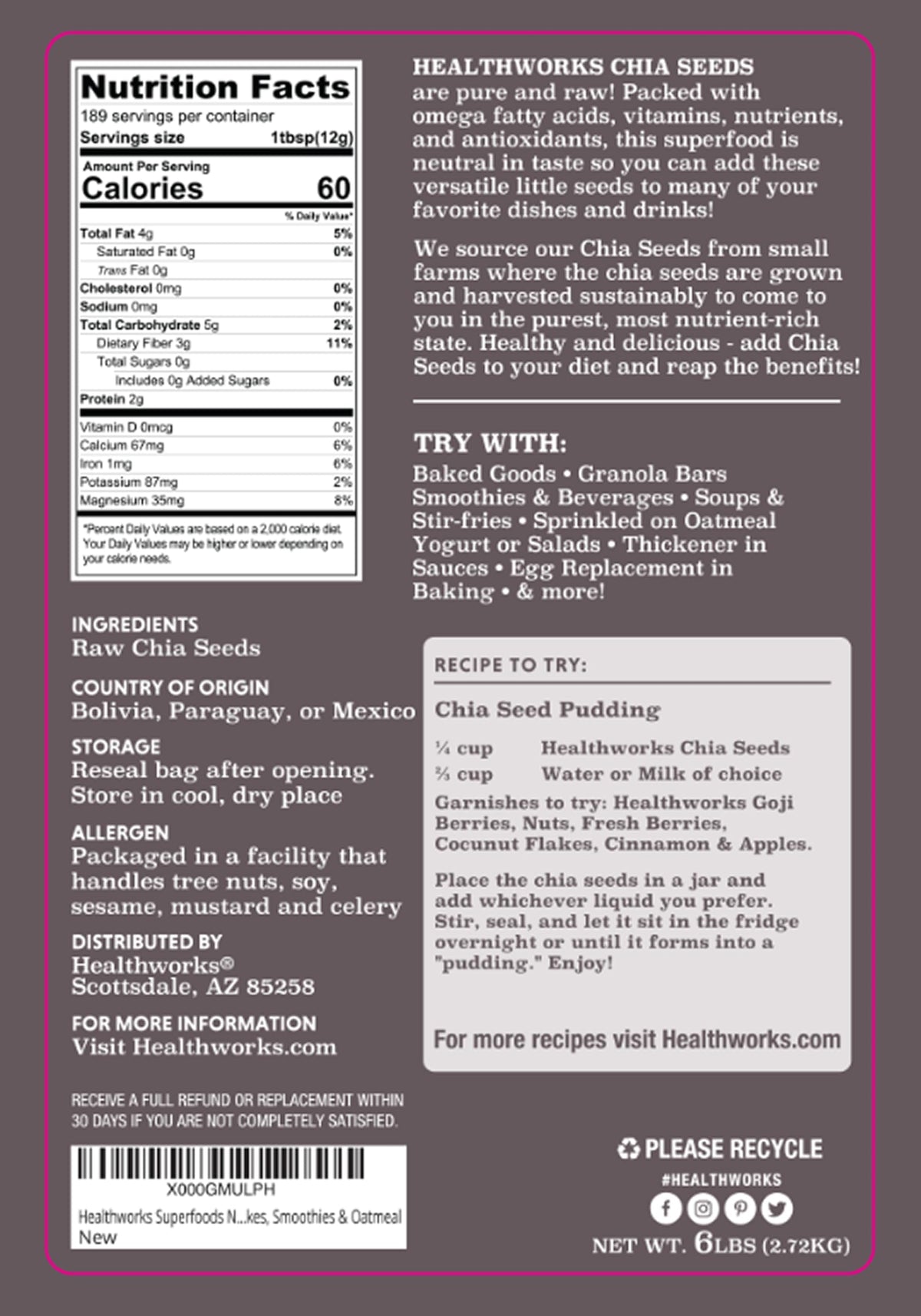 Healthworks chia seeds pouring from a jar for quick smoothies and puddings.