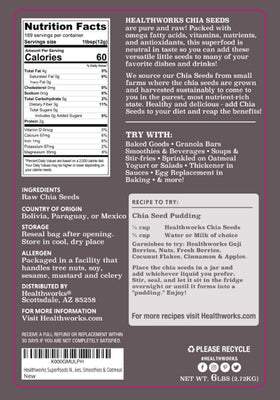 Healthworks chia seeds pouring from a jar for quick smoothies and puddings.