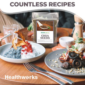 Healthworks chia seeds sprinkled over salad for fiber and crunch.