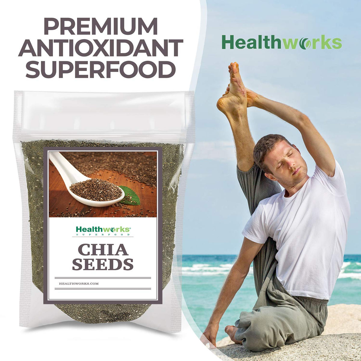 Healthworks chia seeds blended into a smoothie for omega-3 boost.
