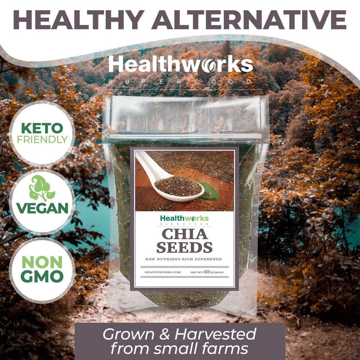 Healthworks chia seeds on a measuring spoon for fiber-rich toppings.
