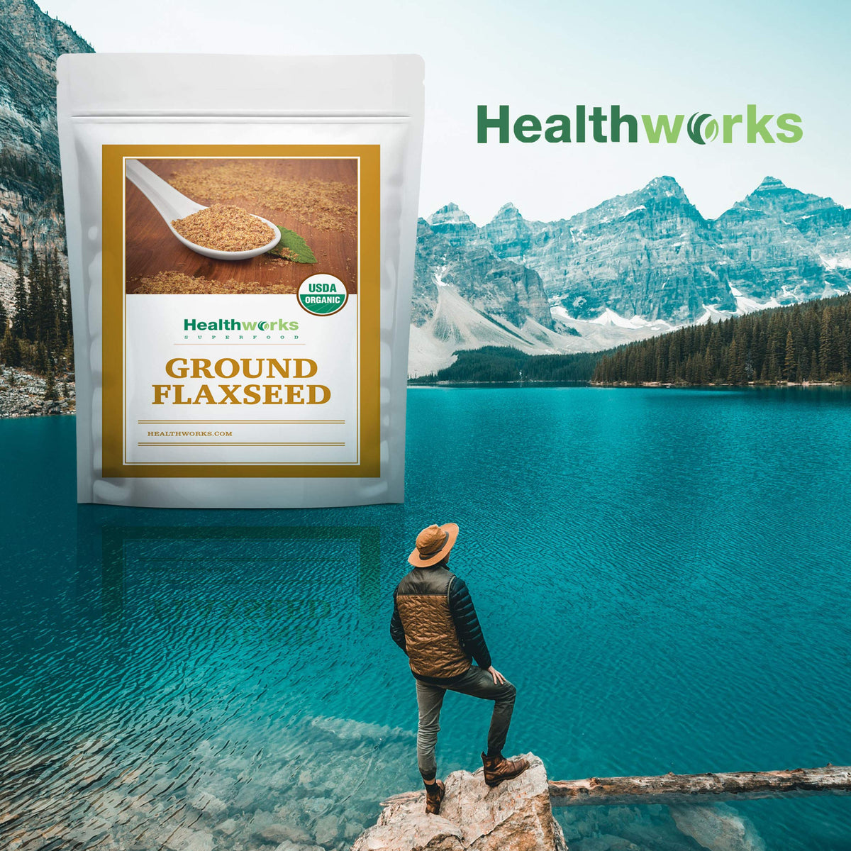 Healthworks flax seed powder in oatmeal highlighting plant-based protein and omega-3 benefits
