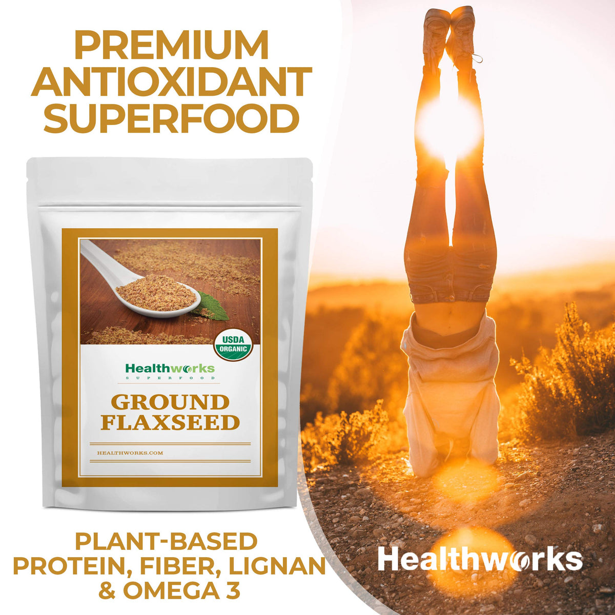 Healthworks organic flax powder provides plant-based protein and fiber for daily meals.