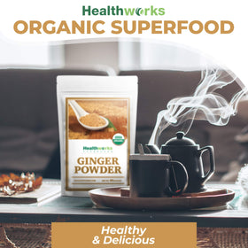 Close-up of Healthworks Ginger Powder texture in a small bowl.