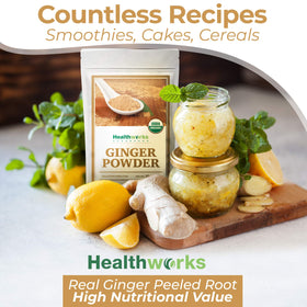 Scoop of Healthworks Ginger Powder over a smoothie bowl ready to blend.