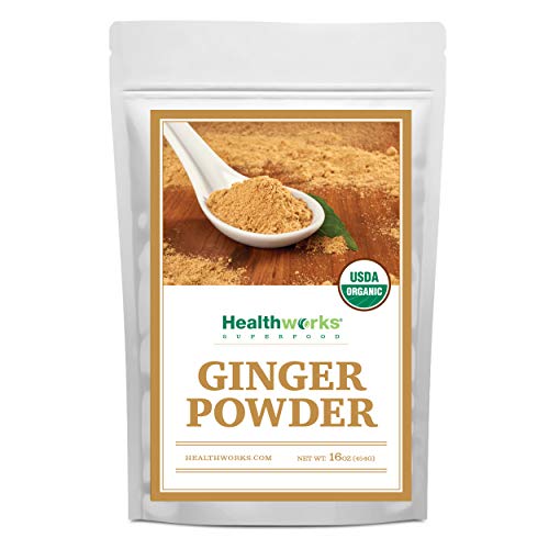 Healthworks Organic Ginger Powder jar on kitchen counter ready for smoothies.