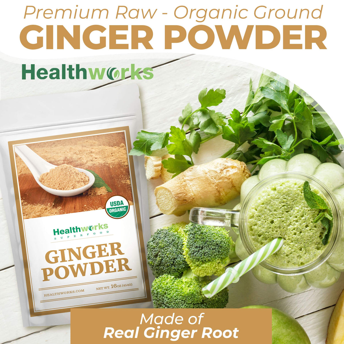 Healthworks Ginger Powder packaging displayed on a kitchen shelf.