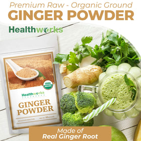 Healthworks Ginger Powder packaging displayed on a kitchen shelf.