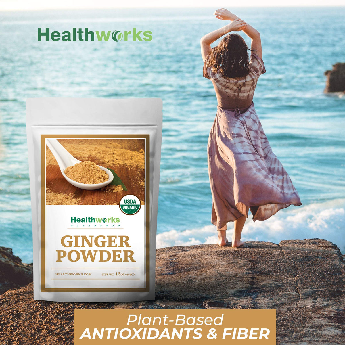 Pouring Healthworks Ginger Powder into coffee for enhanced flavor.