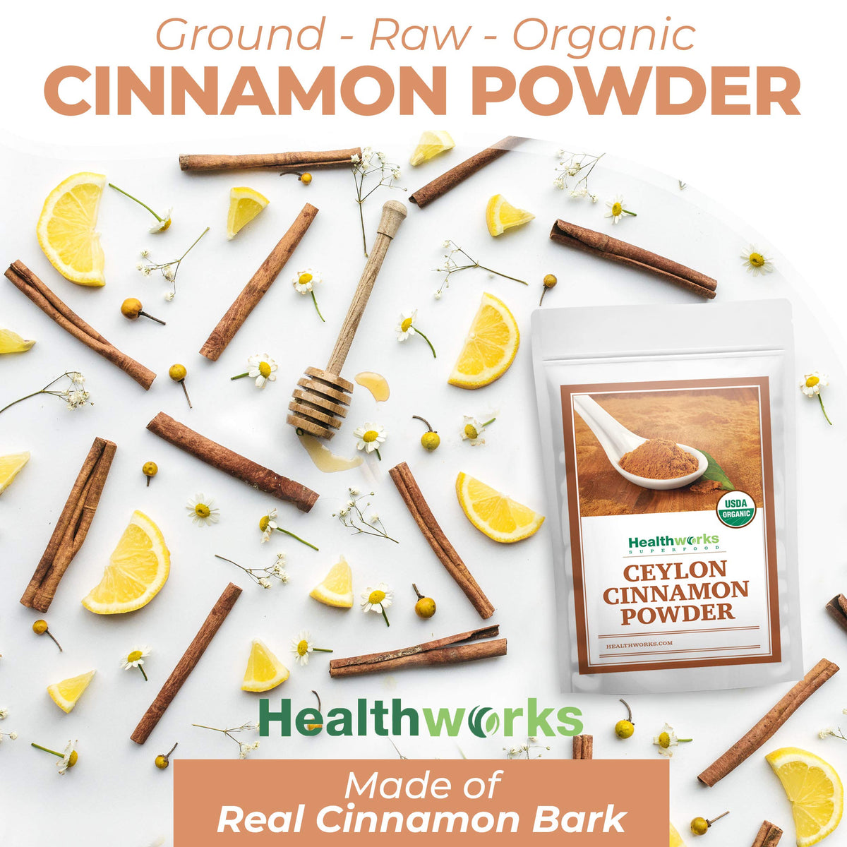 16 oz Healthworks cinnamon powder jar ready for smoothies and oatmeal