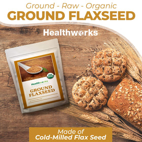 Healthworks ground flax seed powder closeup highlighting fine texture from cold milling
