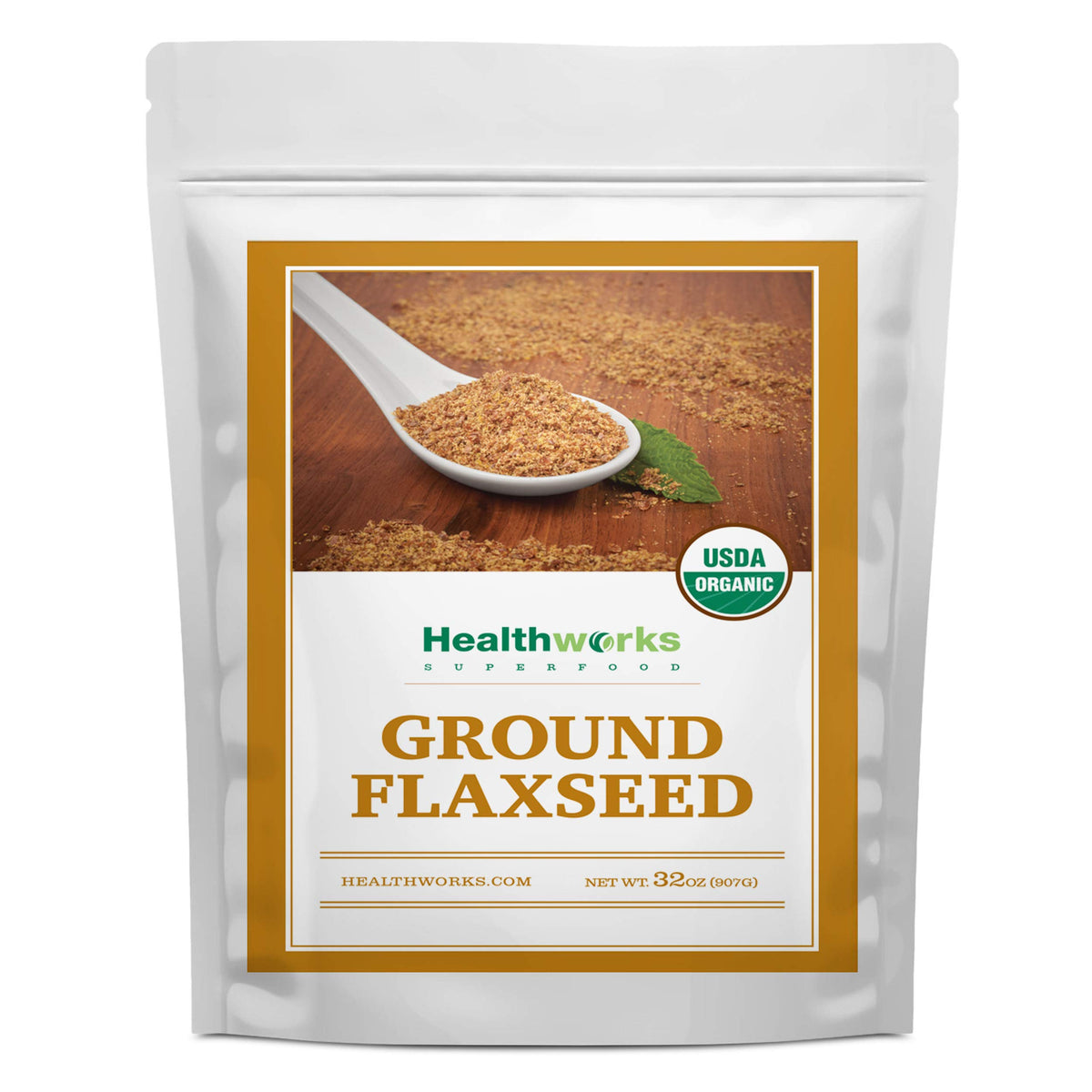 Healthworks Ground Flax Seed Powder organic pouch ready for smoothies and baking.