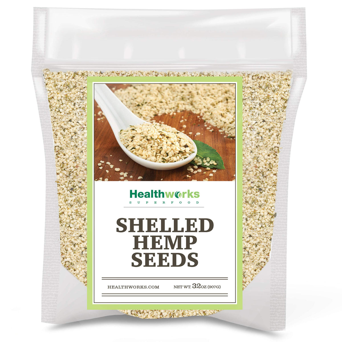 Healthworks Hemp Hearts pack shot in 32 oz jar, omega-rich seeds.
