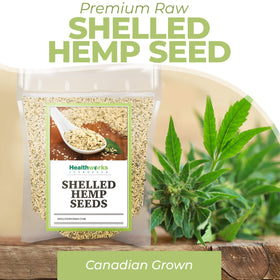 Healthworks hemp hearts raw seeds in bowl with nutty aroma.