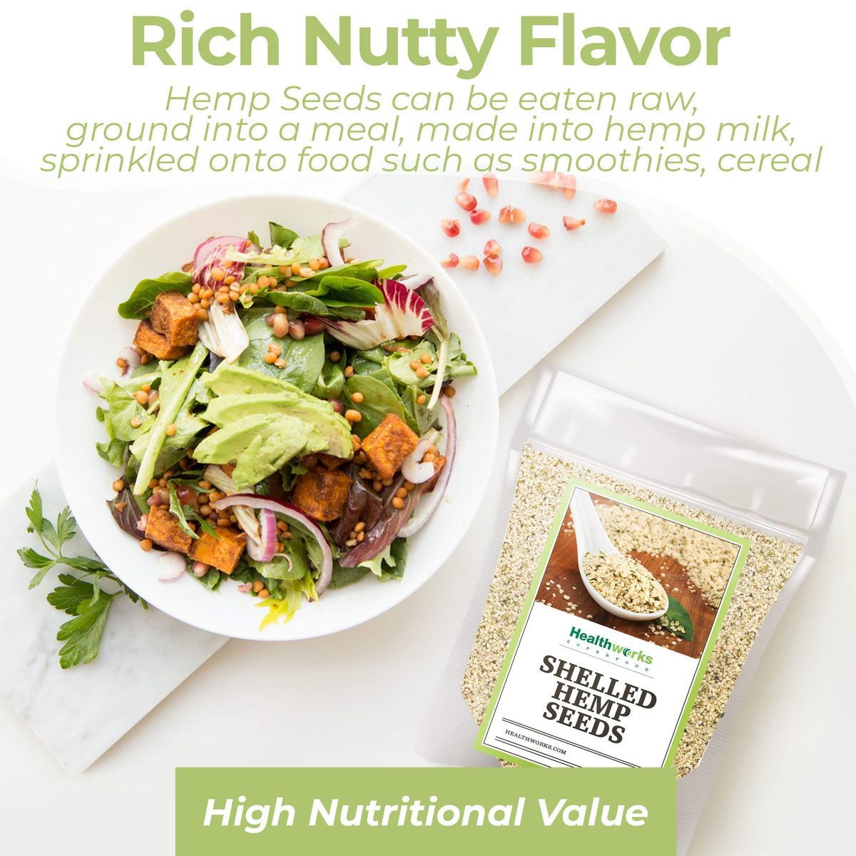 Healthworks hemp hearts on salads as crunchy, protein-rich garnish.