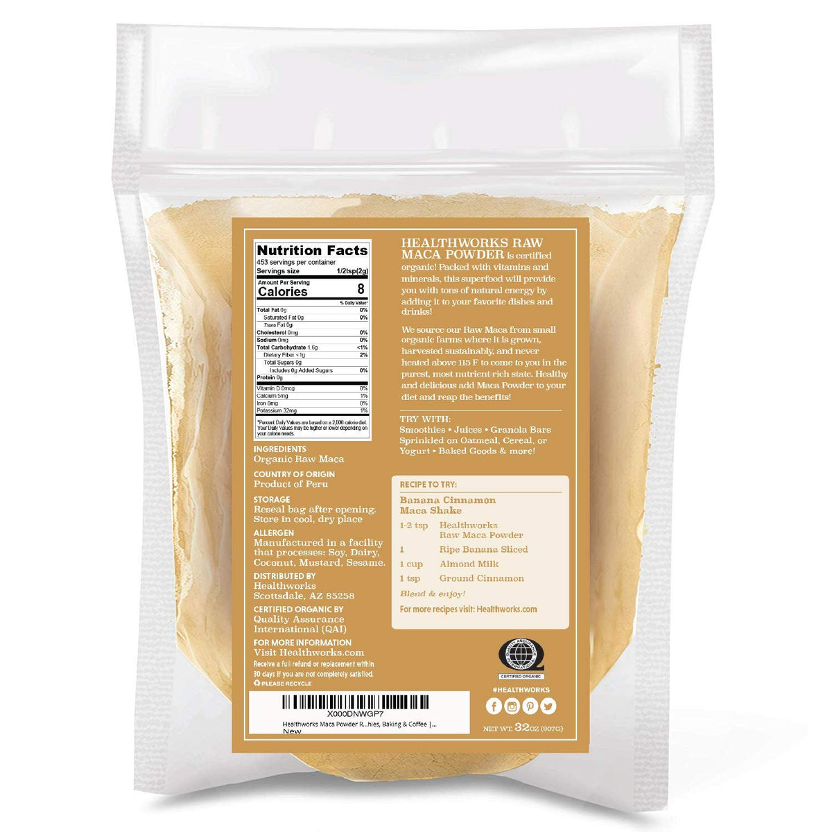 Healthworks Organic Maca Powder label back confirms organic and non-GMO certifications