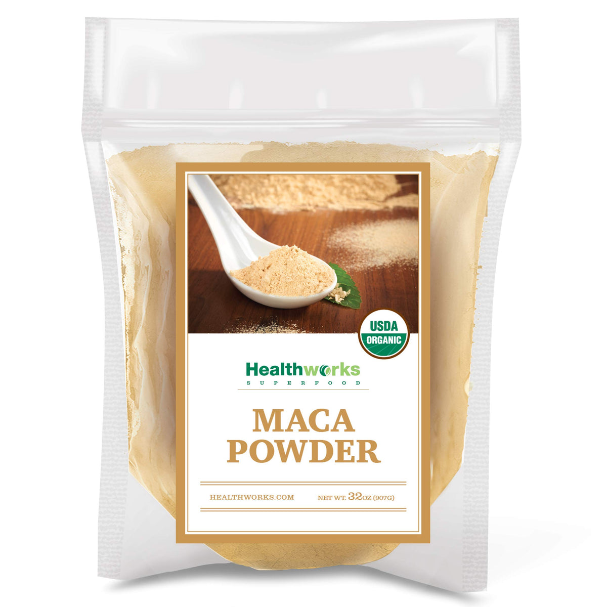 Healthworks Organic Maca Powder jar front shows premium Peruvian origin for daily smoothies