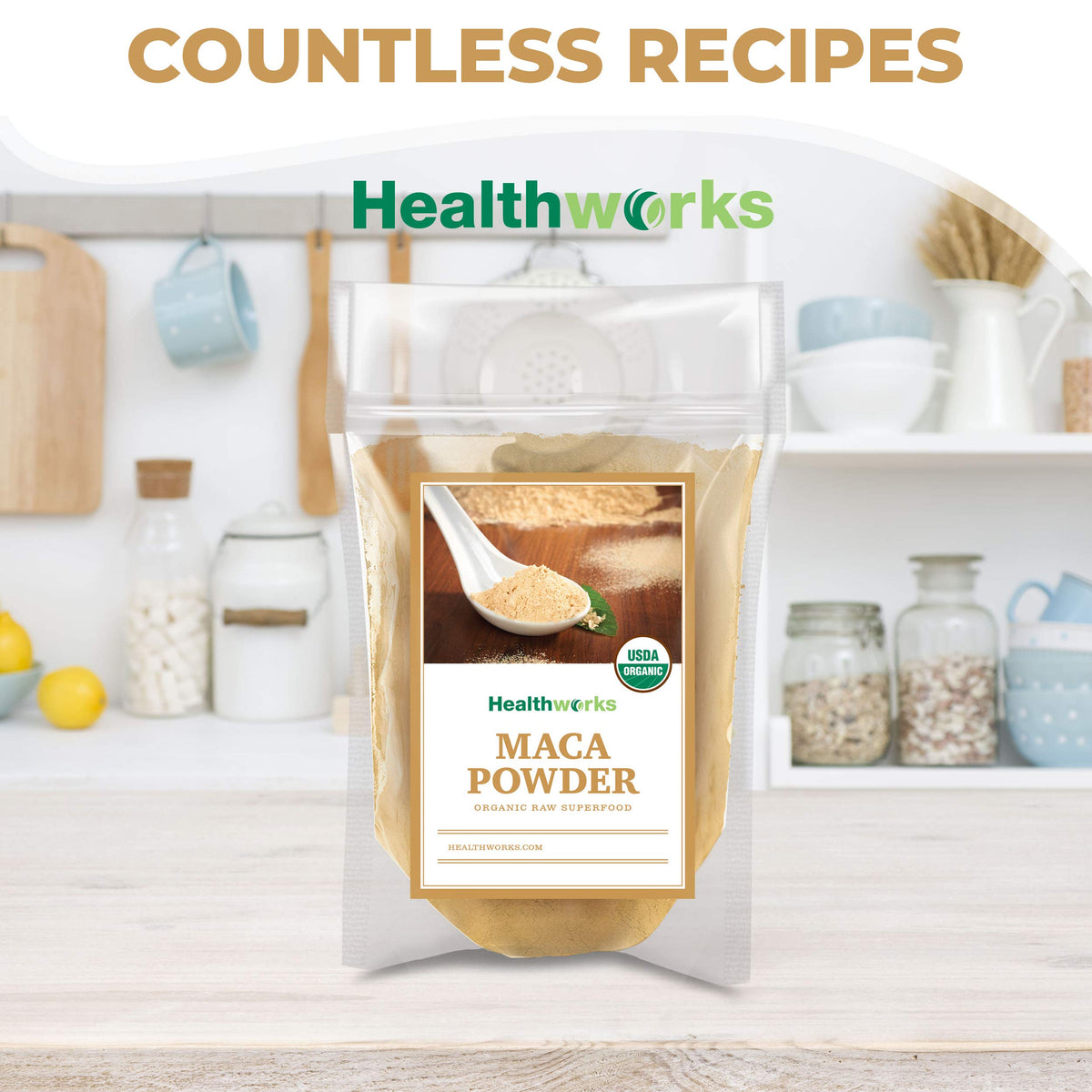 Healthworks Maca Powder Peru origin imagery emphasizing sustainable sourcing