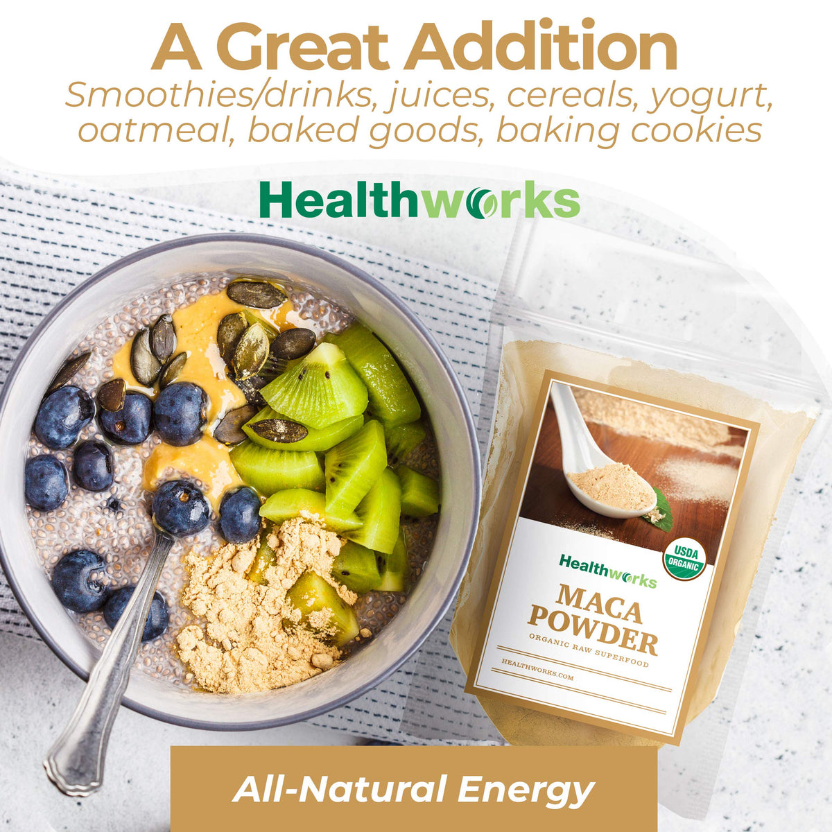 Healthworks Organic Maca Powder being poured into a drink to show versatility