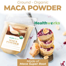 Healthworks Organic Maca Powder scoop demonstrates measurement for easy dosing in recipes