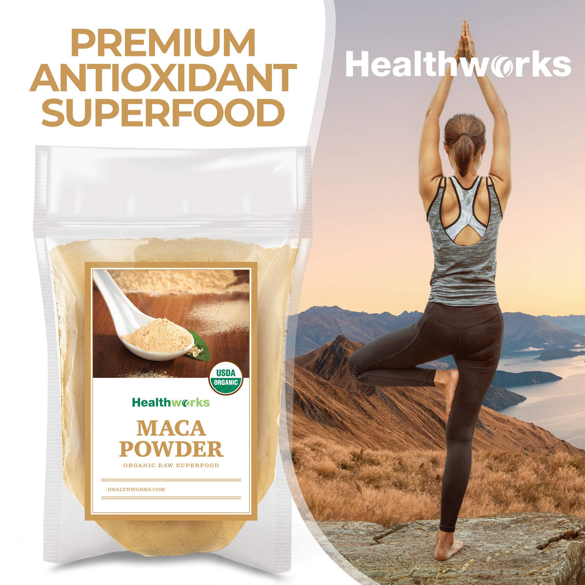 Healthworks Organic Maca Powder in a smoothie bowl with vibrant ingredients