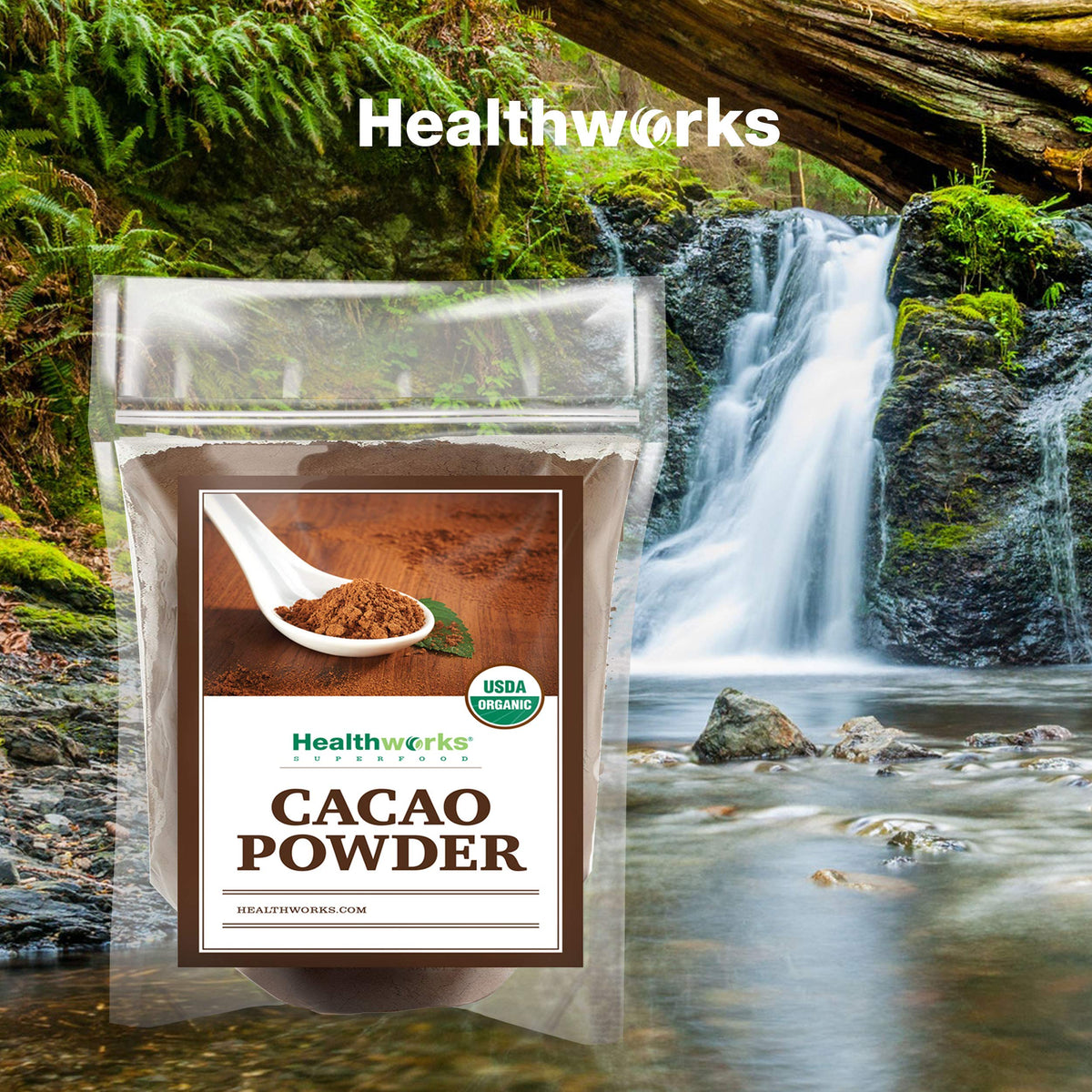 Healthworks Non-GMO cacao powder shown in cereal with milk.