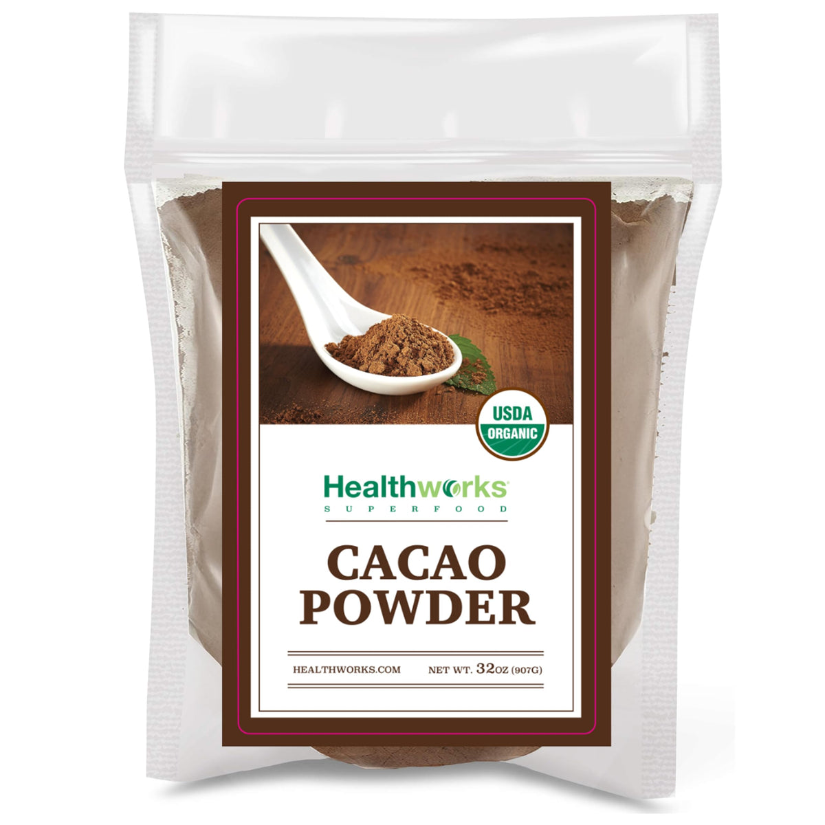 Healthworks Organic Cacao Powder jar for smoothies and baking.
