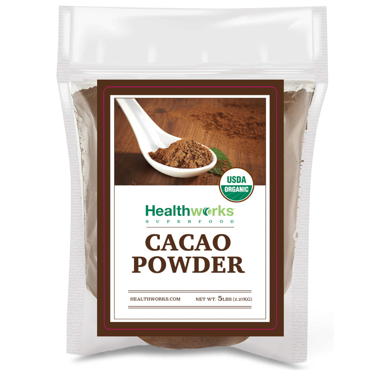 Healthworks Organic Cacao Powder 80oz jar with rich aroma for desserts and beverages.