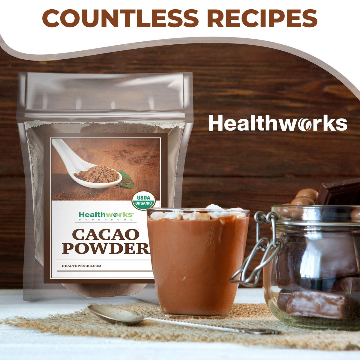 Healthworks cacao powder front label emphasizing organic certification
