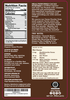 Healthworks Organic Cacao Powder package used as smoothie ingredient.