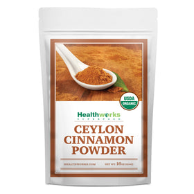 Healthworks Organic Ceylon Cinnamon Powder 16 oz jar enhances beverages with warm aroma