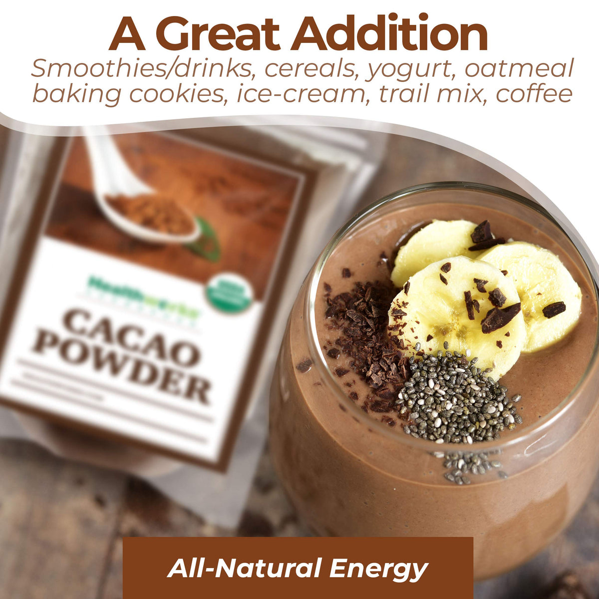 Healthworks Peru origin cacao beans illustration highlighting natural sourcing
