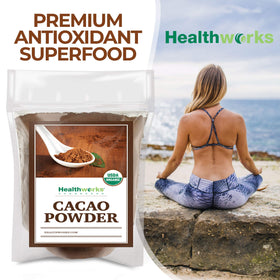 Healthworks Peruvian origin cacao powder highlights origin and purity.