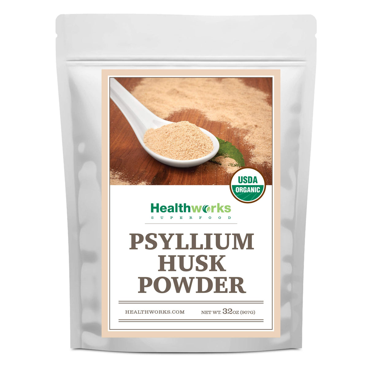Healthworks Psyllium Husk Powder bottle and label showing organic fiber features