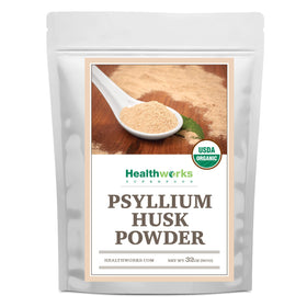 Healthworks Psyllium Husk Powder bottle and label showing organic fiber features