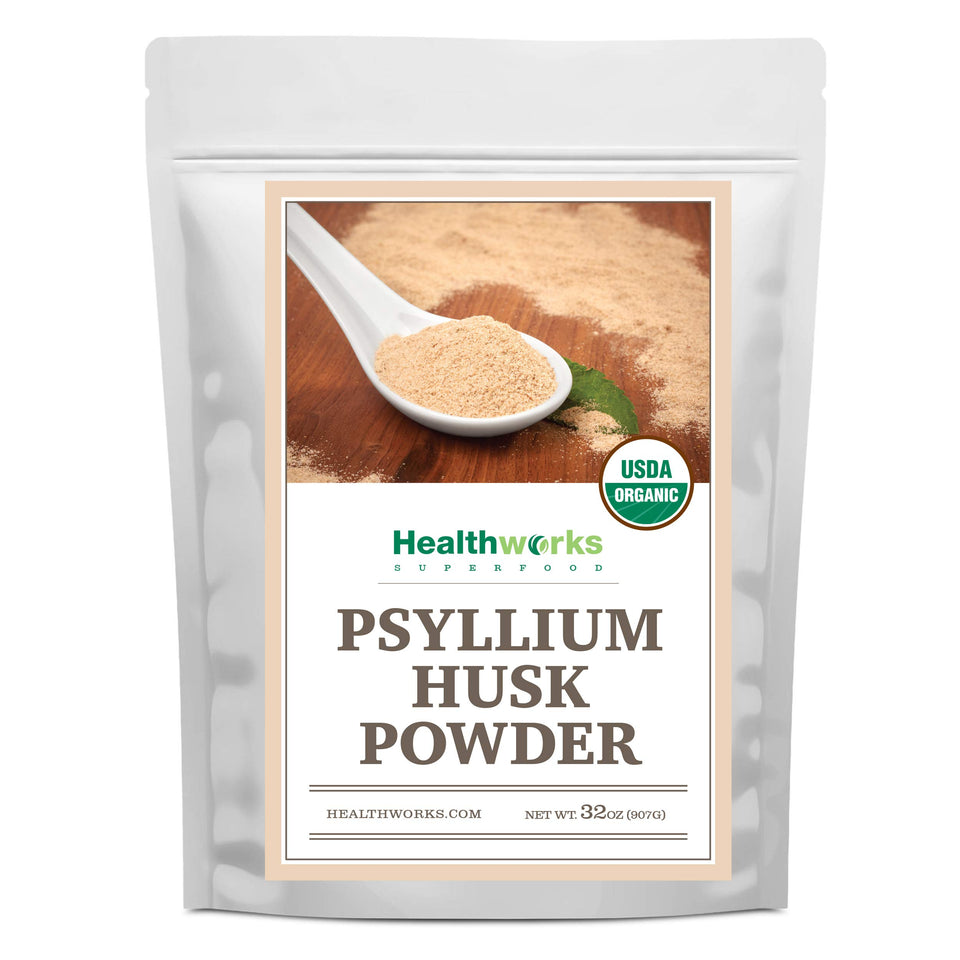 Healthworks Psyllium Husk Powder bottle and label showing organic fiber features