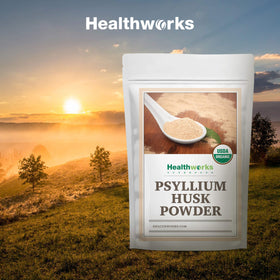 Packaging of Healthworks Psyllium Husk Powder highlighting organic certification