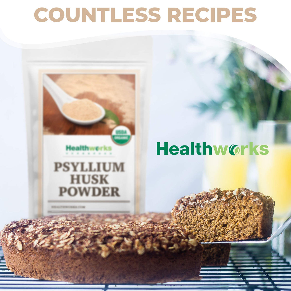 Vegan-friendly Healthworks Psyllium Husk Powder label visible
