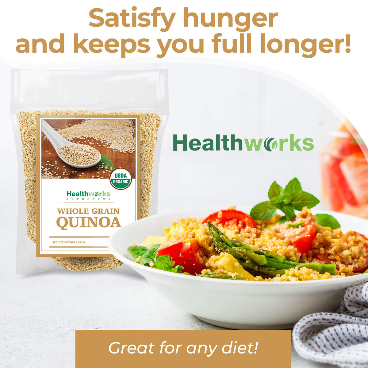 Healthworks Quinoa cooked fluffy dish ready to serve with veggies.