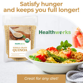 Healthworks Quinoa cooked fluffy dish ready to serve with veggies.