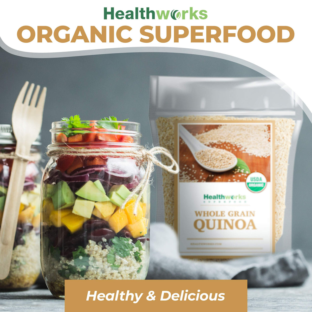 Healthworks Quinoa nutrition panel image underscores iron and fiber content.