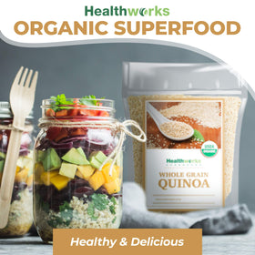 Healthworks Quinoa nutrition panel image underscores iron and fiber content.